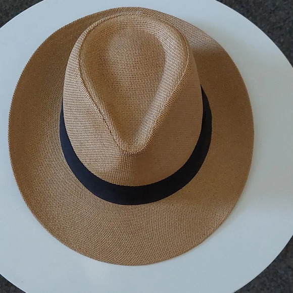 Woven paper Fedora hat Unisex tan Black accent O/S - Picture 2 of 5